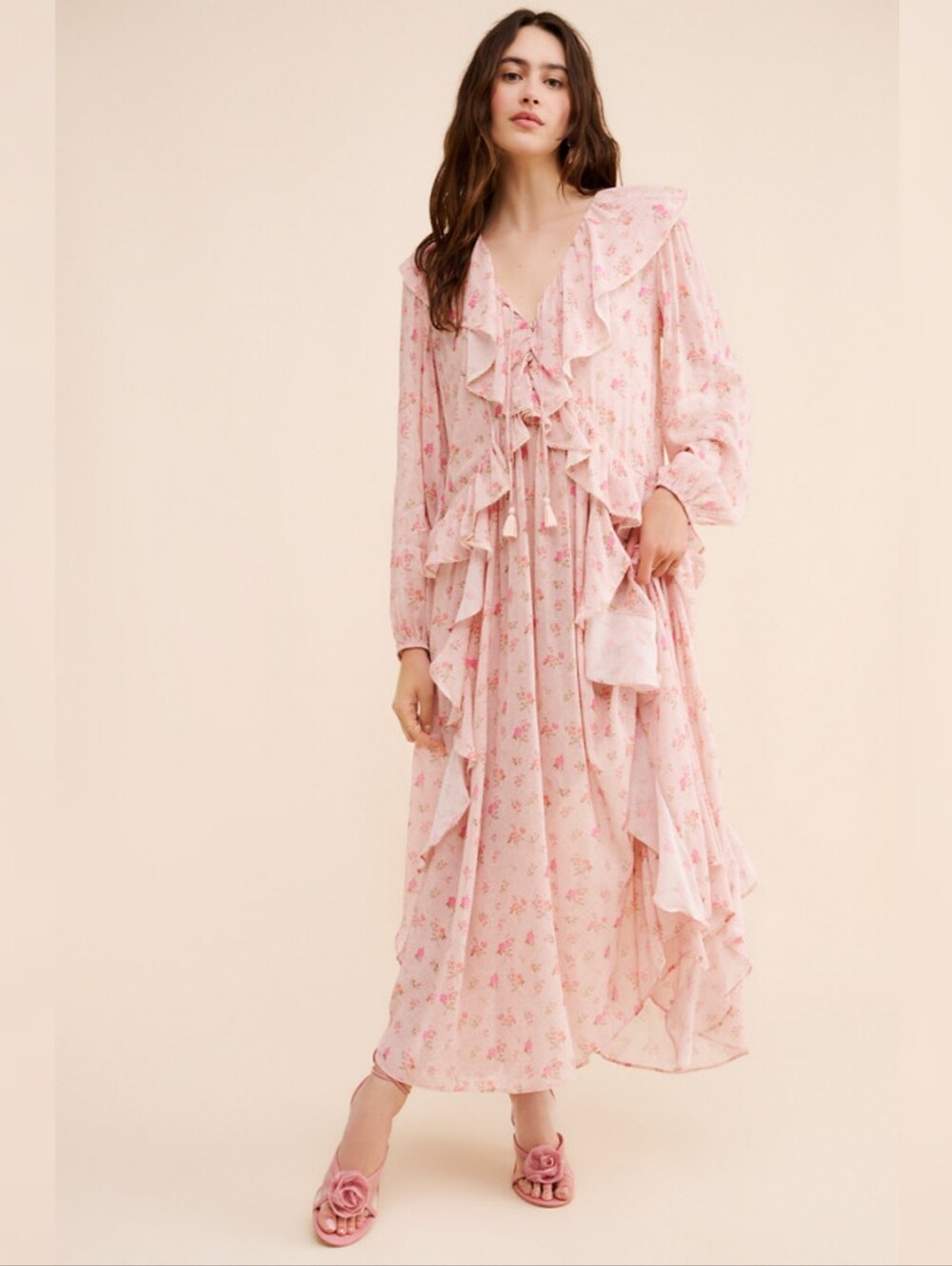 Spell Fleur Ruffle Gown Pink Floral Ruffle Maxi Dress Women's Size Large